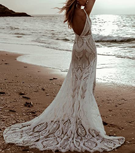 Women's Beach Wedding Dresses for Bride 2022 Vintage Long Sleeves Lace Bohemian Bridal Gown4