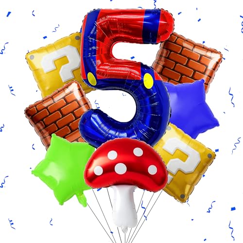 Blue Red Number Balloon Set Birthday Decor Include 40 Inch Blue Red Number 5 Balloon Mushroom Foil Balloon Square and Star Foil Balloons for Birthday Decoration Supplies (Number 5)