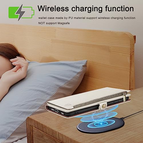 Image of XcaseBar Compatible with Samsung Galaxy S25 Wallet case with Zipper Credit Card Holder【RFID Blocking】,Flip Folio Book PU Leather Phone case Shockproof Cover Women Men for Samsung S25 case White
