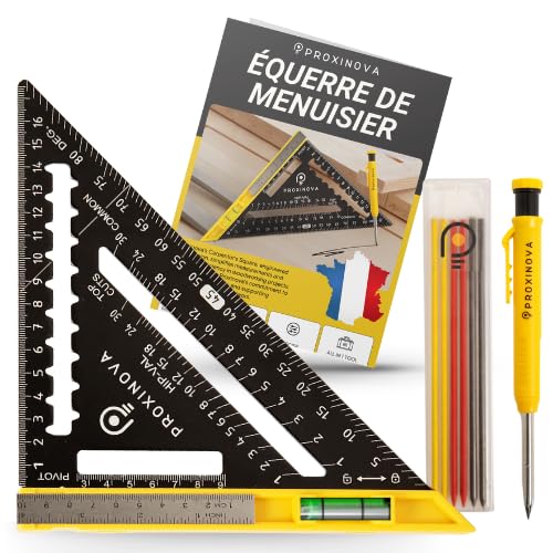 Proxinova Set d'Équerre de Vitesse - Equerre Menuisier en Alliage d'Aluminium 180mm, Equerre Charpentier avec Crayon - Niveau à Bulle, Outils de Menuiserie, Jauge, Rapporteur, Équerre de Charpente