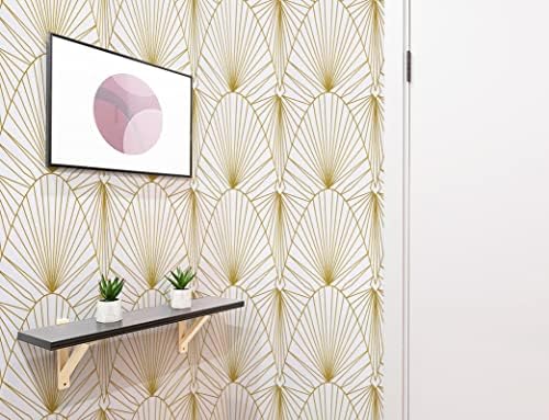 Timeet Self Adhesive Wallpaper Gold Arched Geometric White Sticky Back Plastic Roll Modern Lines Pattern Peel and Stick Wallpaper 44cm X 3m Removable Waterproof Vinyl Film for Bedroom Wall Furniture