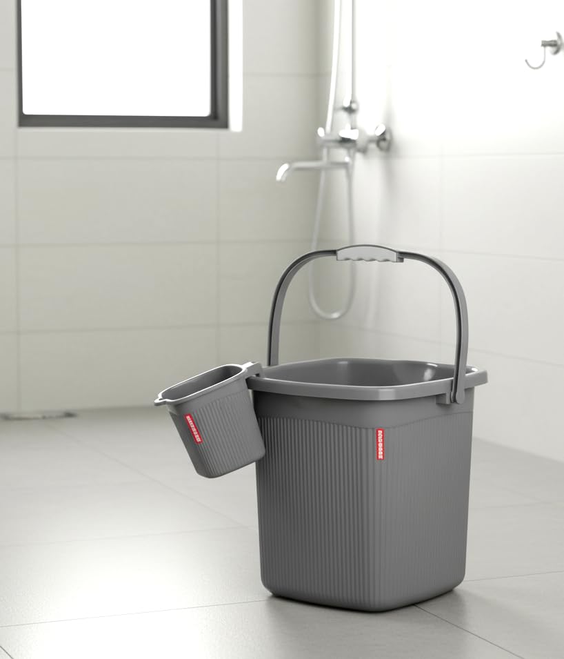 Image of Modware Square Ribbon Plastic Bucket Set with Mug | 25L Brown Bathroom Bucket with Handle + 1.5L Mug | Heavy-Duty Polypropylene + Co-Polymer | Stylish & Durable Bath Set (Grey 25 L)
