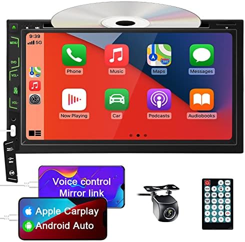 Double Din Car Stereo Carplay Android Auto in Dash DVD CD Player 6.95 Inch Touch Screen FM AM Radio DSP 30-Band EQ Mirror Link Bluetooth Front Rear Camera USB TF AUX Steering Wheel Control Subwoofer