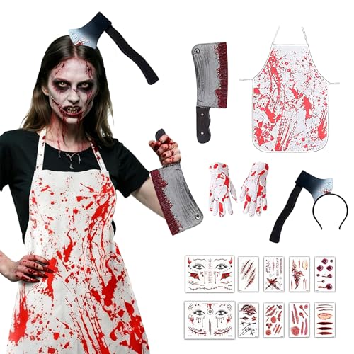 LKOIVNED Costume d'Halloween pour homme, déguisement avec bandeau hache, gants de sang, couperet en plastique, tablier , autocollants de tatouage pour boucher, Halloween, cosplay, fête