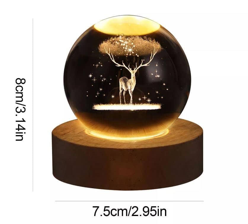Image of Crystal Ball Lamp with Wooden LED Base | Engraved 3D Moon & Stars Night Light | USB Rechargeable Home Decor | Birthday Gift for Teens, Boys & Girls (3D Deer Lamp)