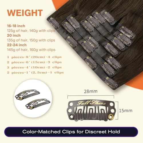 Image of Full Shine Invisible Clip in Hair Extensions, 22 Inch 160g 8 Pcs Dark Brown | Human Hair Extensions, Seamless Ultra-Thin Weft, Full Head Coverage, Thick Ends, Adds Volume,Heat Friendly, Wedding Styling