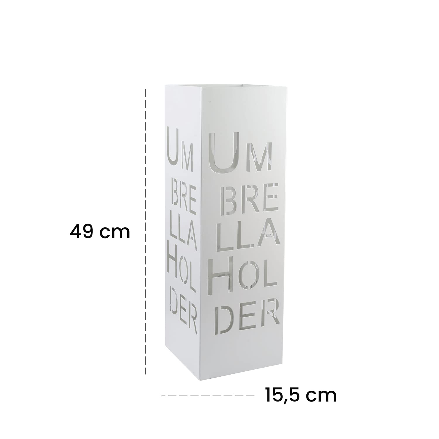 Baroni Home Portaombrelli Design Moderno Porta Ombrelli in Metallo con Intaglio Scritta Umbrella Holder Bianco con Gancino e Vaschetta Scolapioggia Rimovibile 15,5X15,5X49 cm