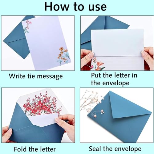 Ezranova 12 Briefpapier+6 Umschläge, 18 PCS Briefpapier Set mit Umschlägen, Umschläge Set Einzigartiges Blumen Design Schreibpapier, Niedliches liniertes Briefpapier (Multicolor-02)