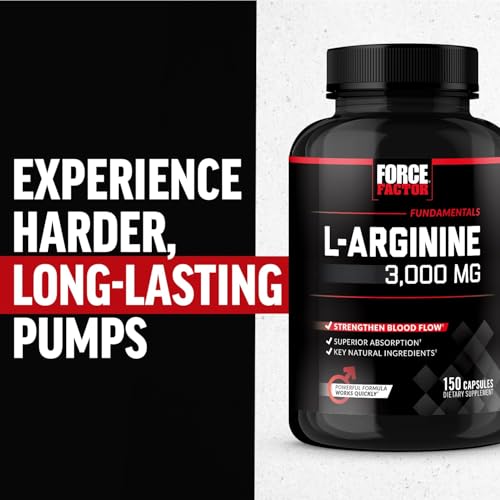 Image of Force Factor L-Arginine 3000mg, Nitric Oxide Supplement, 150 Capsules | Support Stronger Blood Flow, Circulation, Nutrient Delivery & Pumps, L-Arginine with BioPerine for Superior Absorption