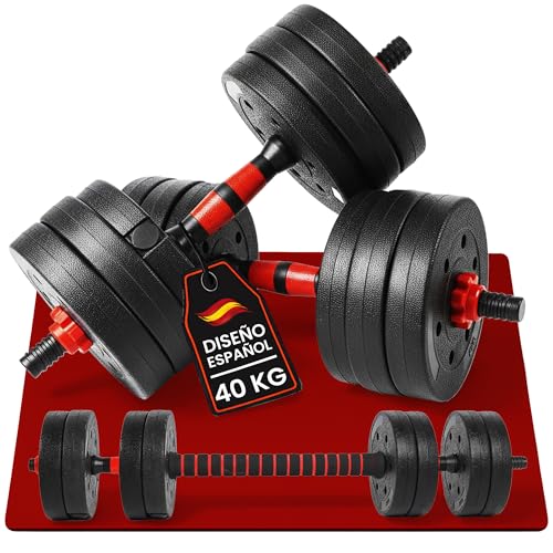 unycos - Juego de Mancuernas Ajustables con Barra Recta de Conexión, Discos【40 kg】de Cemento Recubiertos, Pesas de Agarre Ergonómico para Gimnasio en Casa y Fitness (Red Transformer)