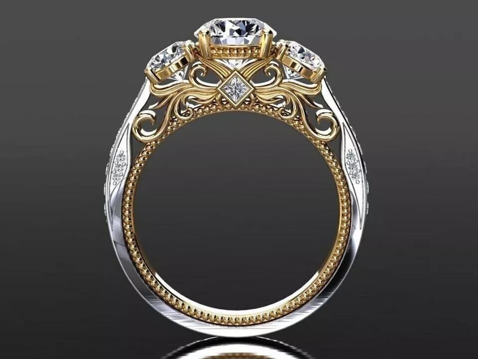 925 Sterling Silver Antique Lab Created Diamond Three Stone Wedding 14K Two Tone Gold Plated Ring Gift for Her4