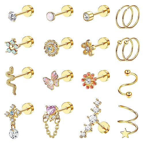 LOYALLOOK 18PCS Cartilage Earring Stud for Women Surgical Steel Flat Back Earrings Couch Hoop Piercing Opal Flower Sanke Helix Tragus Piercing CZ Cartilage Earring Piercing