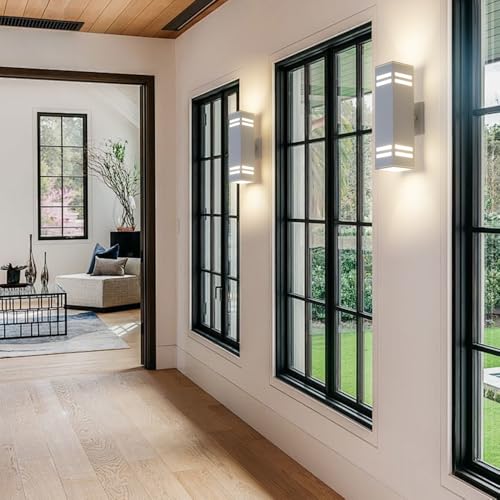 Image of Cerdeco Aluminum Modern Outdoor Wall Light,15 inch Exterior Up Down Wall Sconce Light Fixture Sand Textured White with 3-Sided Frosted Glasses [ETL Listed] | E26 Base,UL listed,Aluminum Up and Down Lights Outdoor Exterior Wall Light Fixture Porch Light for House Garage Patio Garden