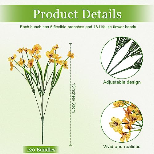 Tigeen 120 Bundles Artificial Flowers for Outdoors UV Resistant Faux Flowers for Garden Porch Window Yard Home Office School Weddings Indoor Outside Decorations (Yellow)