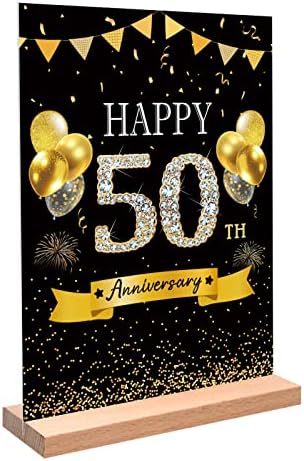 DARUNAXY Black Gold 50th Anniversary Party Decorations for Parents Happy 50th Wedding Anniversary Acrylic Table Sign with Stand Cheers to 50 Years Gift Best 50 Anniversary Party Supplies for Couple