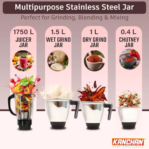 Image of Kanchan Triset Plus Mixer Grinder 750 Watt 4 Multipurpose Jars (3 Stainless Steel +1 Juicer)Blending, Grinding, Juicer mixer grinder for kitchen,Powerful motor with Overload Safety, ISI, 5 Yr Warranty