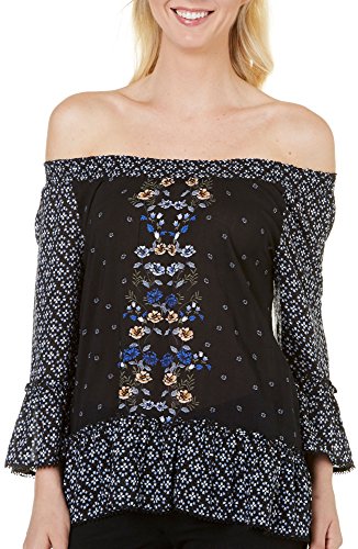 Democracy Women's Smocked Neck, Off Shoulder, Drop Waist Flounce Top, Black/Blue, S