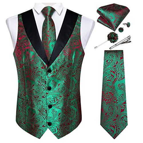 Image of DiBanGu Mens Paisley Suit Vest Silk Jacquard Waistcoat and Necktie Set Formal Shawl Collar Dress Vest 7PCS for Wedding Party
