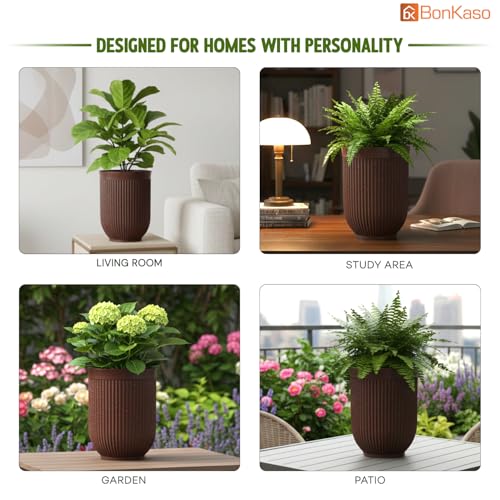 Image of Bonkaso 24 Inch Burj Khalifa Ribbed Planter for Indoor & Outdoor Use | Round Heavy Duty Polymer Flower Pot | Lightweight Weather Resistant Modern Gamla for Living Room Balcony & Terrace (Brown)
