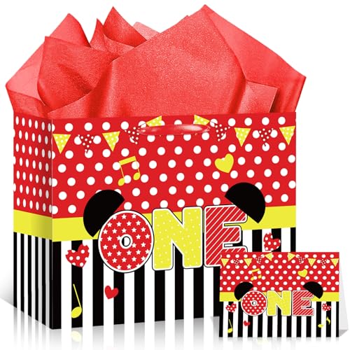 Cartoon Mouse 1st Birthday Gift Bag Black Red Mouse 1st Birthday Bag with Wrapping Paper and Card Red Polka Dot Stripe One Year Old Gift Wrapping Paper Bags for Baby Boy Shower 1 Year Old Party Decor