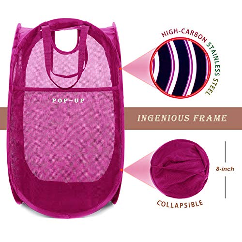 Image of HOUSE AGAIN Strong Mesh Pop Up Laundry Hamper, 70L Collapsible Laundry Basket with Steel Frame, Double‑Stitched Handles & Side Pocket, Foldable Dirty Clothes Hamper for Dorm, Bedroom, Pink