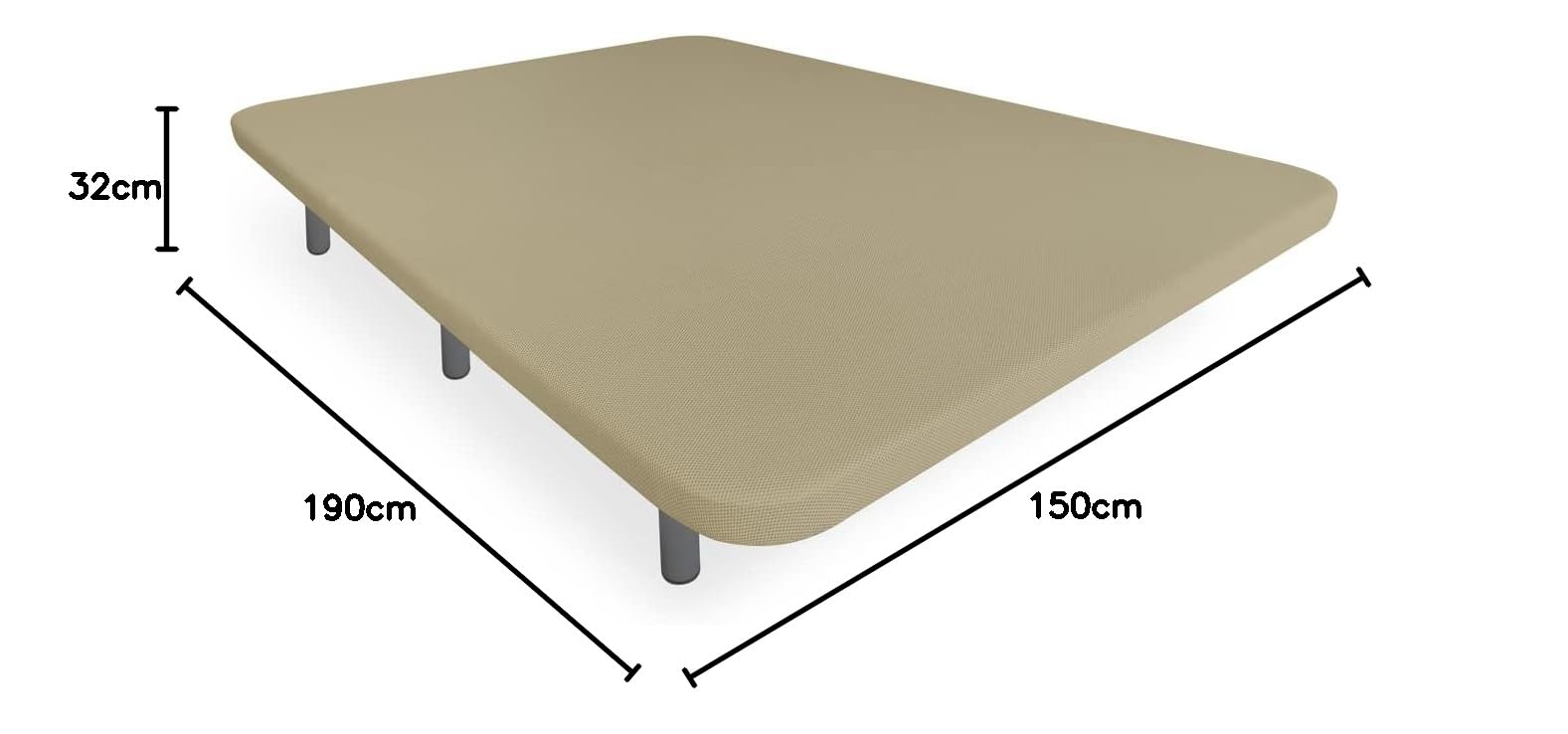 Somnia Descanso - Base Tapizada 3D Reforzada, Gran Estabilidad con 5 Barras de Refuerzo 6 Patas metálicas roscadas de 25cm, 150x190, Beige