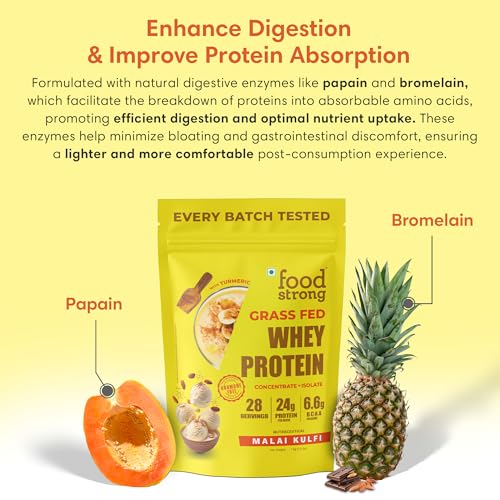Image of Foodstrong Whey Protein Powder (Concentrate + Isolate), 100% Hormone Free Grass-Fed Whey, 24G Protein & 6.6G BCAA, Malai Kulfi, With Turmeric & Digestive Enzymes, 1KG