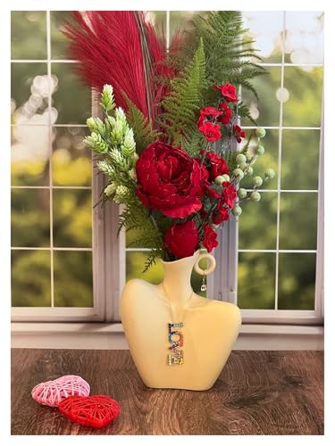 Hshan Red Flowers Gorgeous Artificial Floral Arrangement, Ceramic Vase Arrangement
