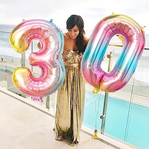 Image of 40 Inch Giant Rainbow Number 0 Balloons, Birthday Balloons, Helium Mylar Foil Big Number Balloons for Birthday Party Decorations, Kids' Birthday Anniversary Party Baby Shower Unicorn Parties