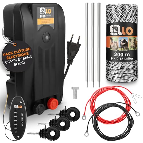 Ellofence Kit démarrage clôture électrique M – Électrificateur fiable avec 200 m fil, testeur, isolateurs à anneau & mise à la terre – Kit complet pour surfaces petites à moyennes