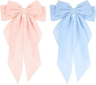 Blue and Pink Long Tail Bow Hair Ties, Classy Women Girls Hair Styling Accessories, Gift Hair Bows Spring Clip for Mom Teen Toddler Girl Stuff, 90s Vintage Big Chiffon French Style Headdress Decor - Buy now