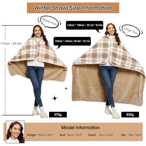 Vijamiy Poncho Damen Winter Wärme, Fleece Poncho Thermo-Strickjacke Cape,Mit Metallschließe Flanell Rollstuhldecke Warmhalten Decke Damen im Winter(Khaki,M)
