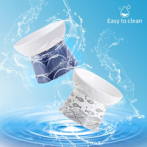 Ceramic Raised Cat Bowls, Elevated Tilted Cat Food And Water Bowls Set, Porcelain Stress Free Pet Feeder Bowl Dish For Cats And Small Dogs, Dishwasher And Microwave Safe, Blue & Black, Set Of 2 #TOP5