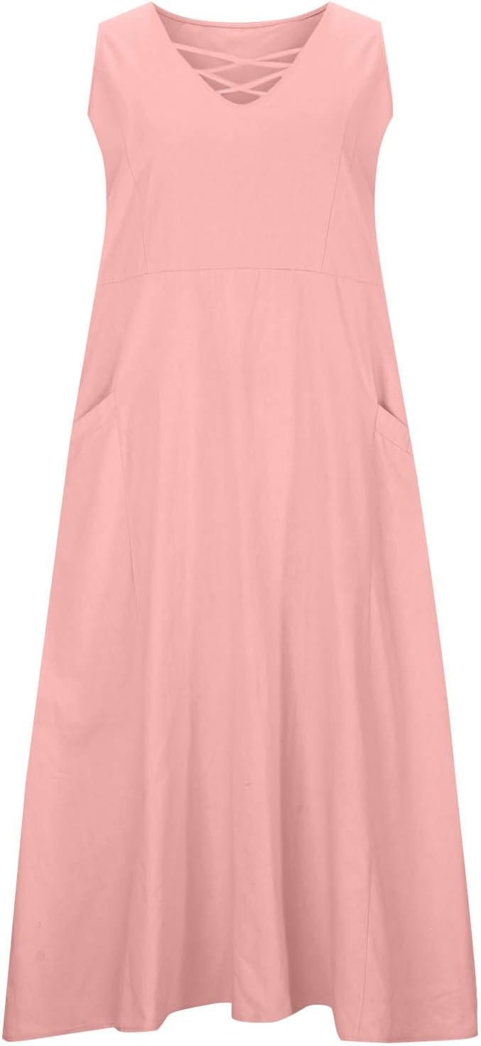 Summer Dresses for Women Casual Tank Sundress Criss Cross V Neck Sleeveless Beach Vacation Maxi Dresses with Pockets
