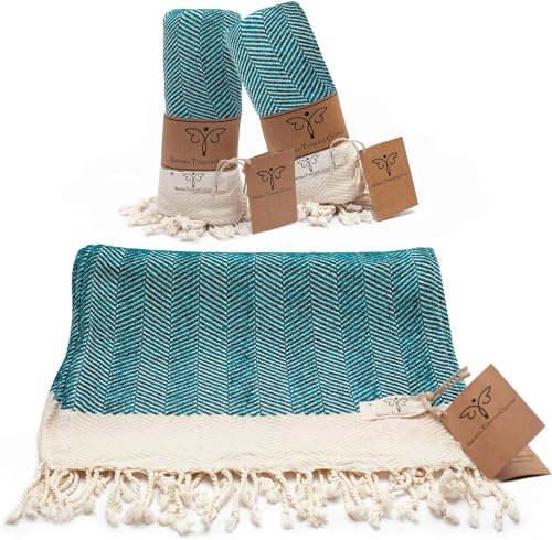 SMYRNA TURKISH COTTON Original Hand Towels Herringbone Series Set of 2 | 100% 16 x 40 Inches | Decorative Bathroom Peshtemal Towel for Hand, Face, Hair, Gym, Yoga, Tea, Kitchen and Bath (Petrol)