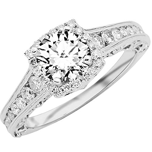 Platinum 2.75 Carat LAB GROWN IGI CERTIFIED DIAMOND Vintage Halo Style Channel Set Round Brilliant Round Cut Diamond Engagement Ring Milgrain (I-J Color SI1-SI2 Clarity 2 Ct Center)