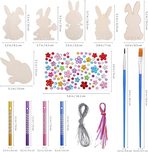 Doafoce Ostern Basteln 7 Stück Windspiel Bastelset Kinder Osterhase Windspiel Bastelset Holzanhänger Ostern zum Bemalen mit Strasssteine Malpinsel für Osterfeierzubehör DIY Dekor