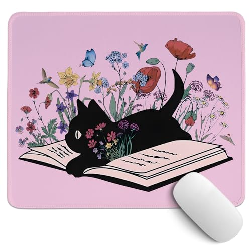 Image of Kawaii Mouse Pads,Cute Black Cat Mouse Pad,Girly Pink Floral Desk Mat for Home Office Dorm Desktop Decor,Cat Lover Gift,10.2x8.2 Inch