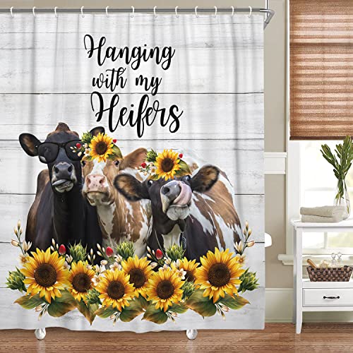Veivian Farm Animal Cow Shower Curtain, Cute Cattle Flowers Funny Quote Shower Curtain, Rustic Wooden Farmhouse Fabric Shower Curtain For Bathroom Kids Hippie Style Decor (70X70) #TOP2