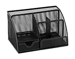 Osco Small Wiremesh Desk Organiser, Metal Mesh Pen Pot Desk Tidy with 6 Compartments & Single Drawer, Desktop Stationery Storage for Office & Home, Black