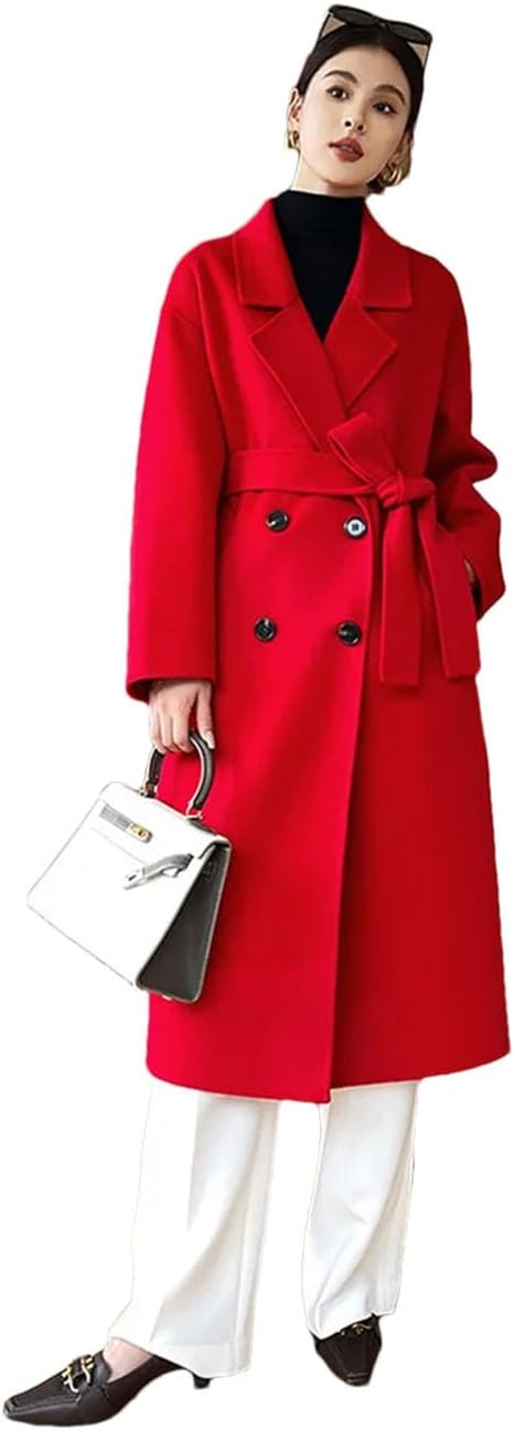 Women Notch Lapel Wool Coat Drop-Shoulder Wool Loose Overcoat Double-Layers Winter Long Jacket Thick Coat