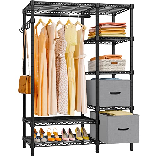 Vipek V7 Wire Garment Rack 6 Tiers Heavy Duty Clothes Rack With 2 Fabric Drawers, Freestanding Wardrobe Closet Metal Clothing Rack For Hanging Clothes, 44.9"L X 16.5"W X 70.9"H, Max Load 562Lbs, Black #TOP9