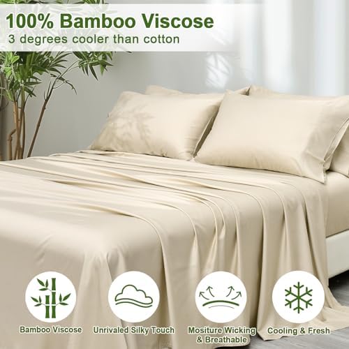 PHF 6PCS 100% Rayon Derived from Bamboo_ Sheets Set Queen Size, Cooling Sheets for Hot Sleepers, Wider Elastic Band & 16" Deep Pocket, Luxury Silky Soft Breathable Bedding Set & Pillowcase, Natural - Thumbnail 2