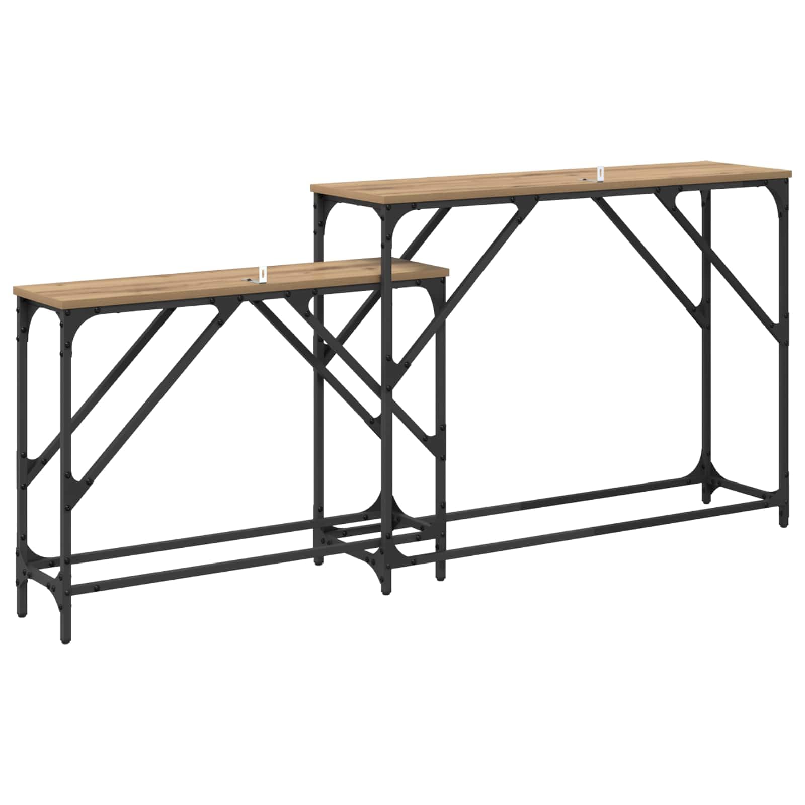 Konsola z drewna konstrukcyjnego z czarną metalową ramą, 2 szt., 100 x 28 x 75 cm, nowoczesny design do salonu lub przedpokoju