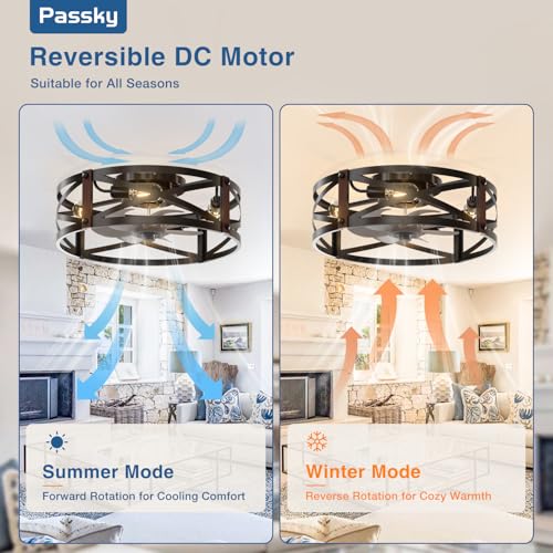 Image of Passky 20 inch Farmhouse Flush Mount Ceiling Fans with Lights and Remote, Industrial Black Caged Low Profile Fandelier, 6 Speeds Bladeless Ceiling Fan for Bedroom, Kitchen, Living Room