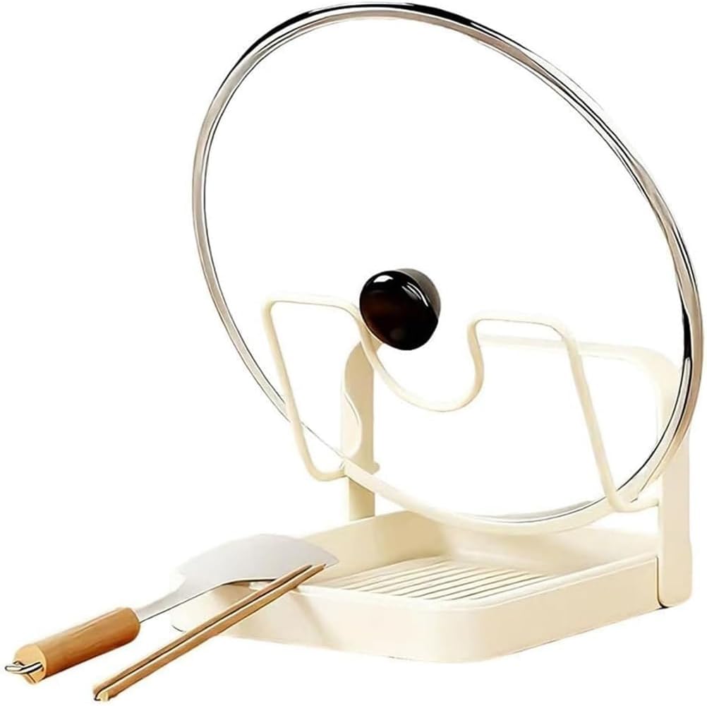 Kitchen Pot Lid Storage Rack,Kitchen Pot Lid Holder Organizer Storage Rack Drip Tray On Counter for Cooking,Multifunctional Utensils Pan Pots Cover Lids Rack Shelf (Beige, Double-layer)