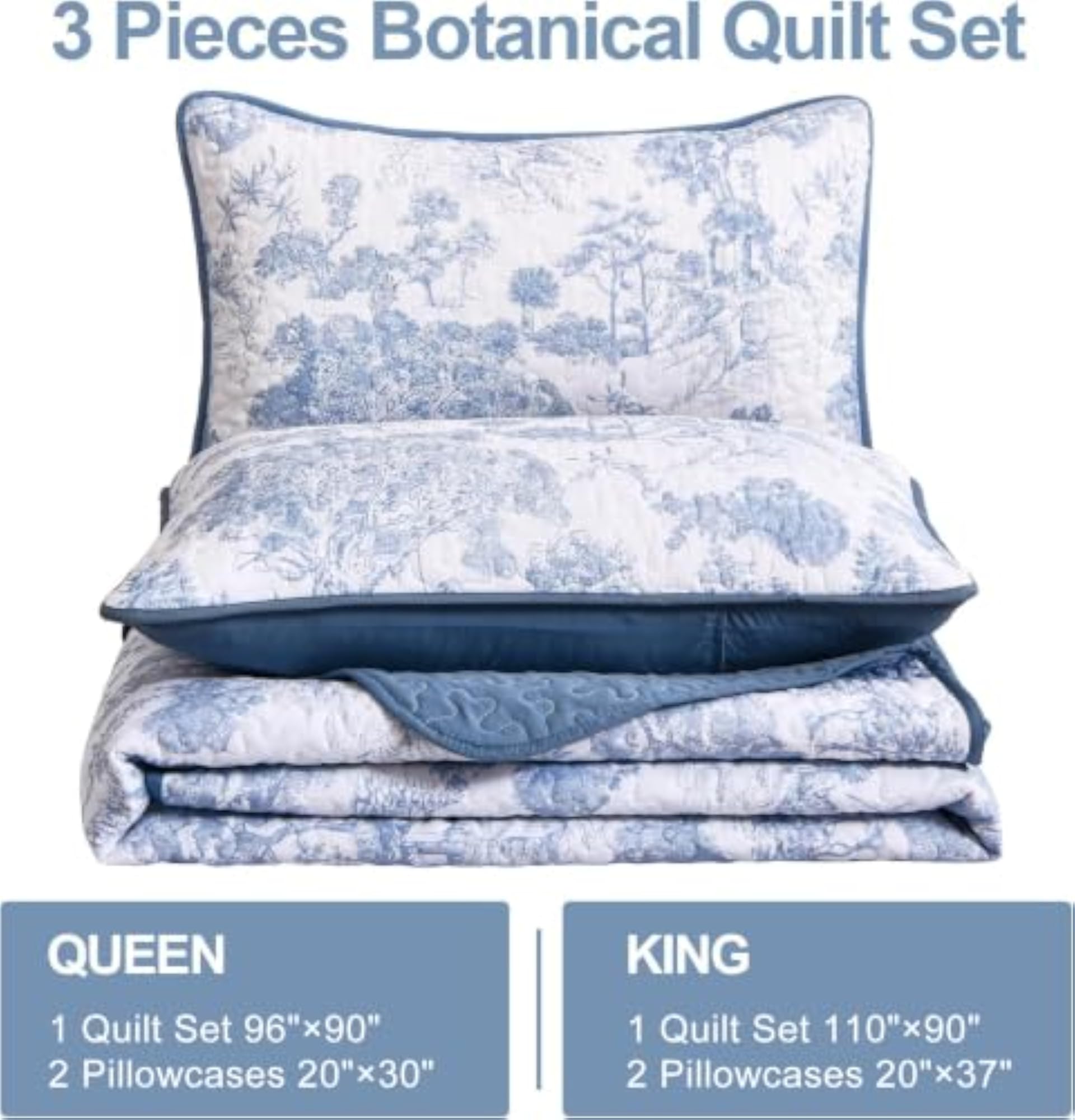 3 Pieces Blue Botanical Quilt Set, Queen Size