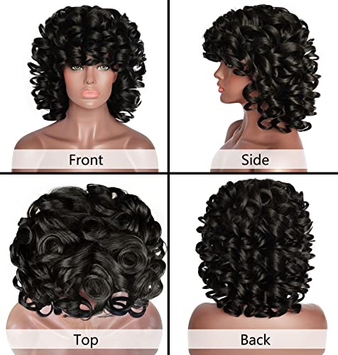 Elim Curly Wigs For Black Women Short Kinky Curly Black Wigs For Women Big Curly Afro Soft Wig With Bangs Heat Resistant Natural Cute Synthetic Wig With Accessories Z014 #TOP1