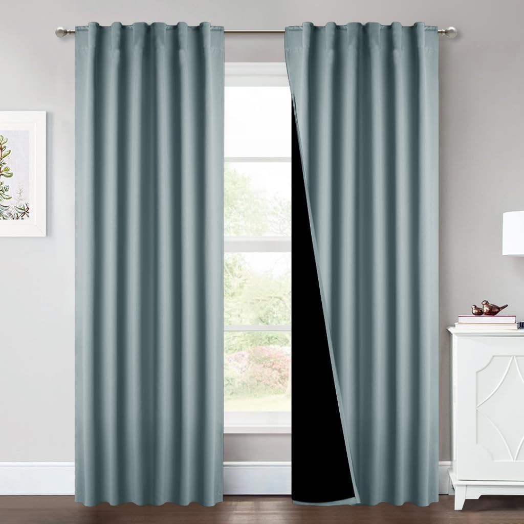 NICETOWN Greyish Blue 100% Blackout Window Curtain Panels, Cold and Full Light Blocking Drapes with Black Liner for Nursery, 84 Inches Drop Thermal Insulated Draperies (2 Pieces, 52" Wide per Panel) W52 x L84 Greyish Blue