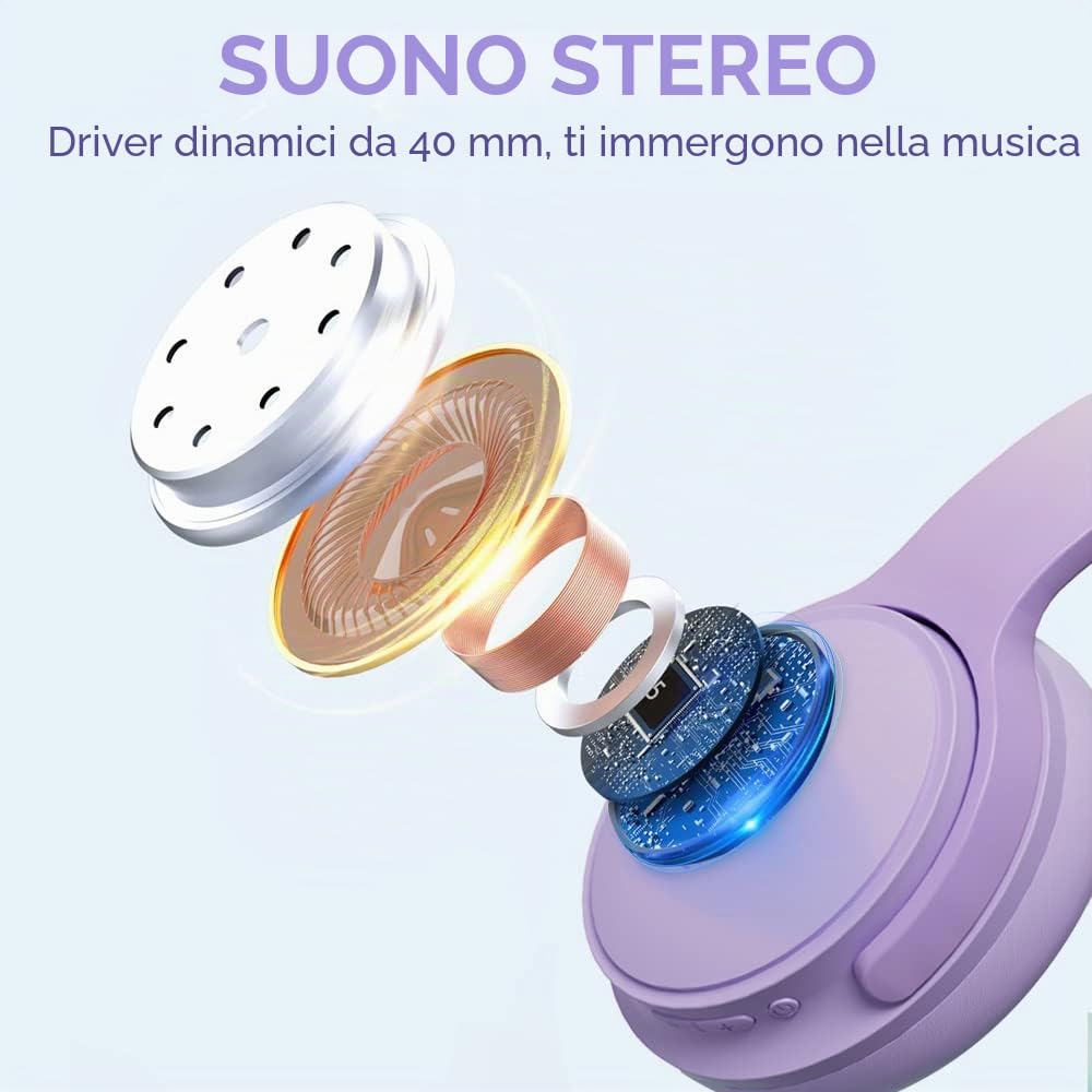 Cuffie On-Ear Bluetooth 5.3 wireless e cablate｜30h autonomia & ricarica rapida｜Chiamate HD, riduzione rumore｜158g pieghevoli｜Per gaming/ufficio/studio｜Compatibili con iOS/Android/PC,Viola